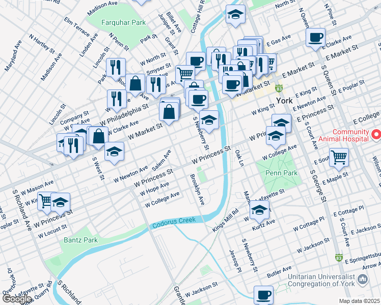 map of restaurants, bars, coffee shops, grocery stores, and more near 346 West Newton Avenue in York