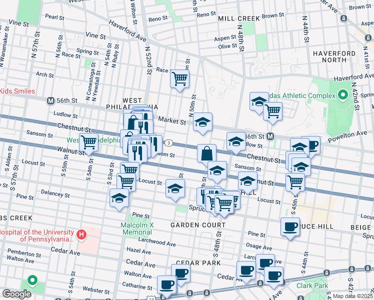 map of restaurants, bars, coffee shops, grocery stores, and more near 4960 Chestnut Street in Philadelphia