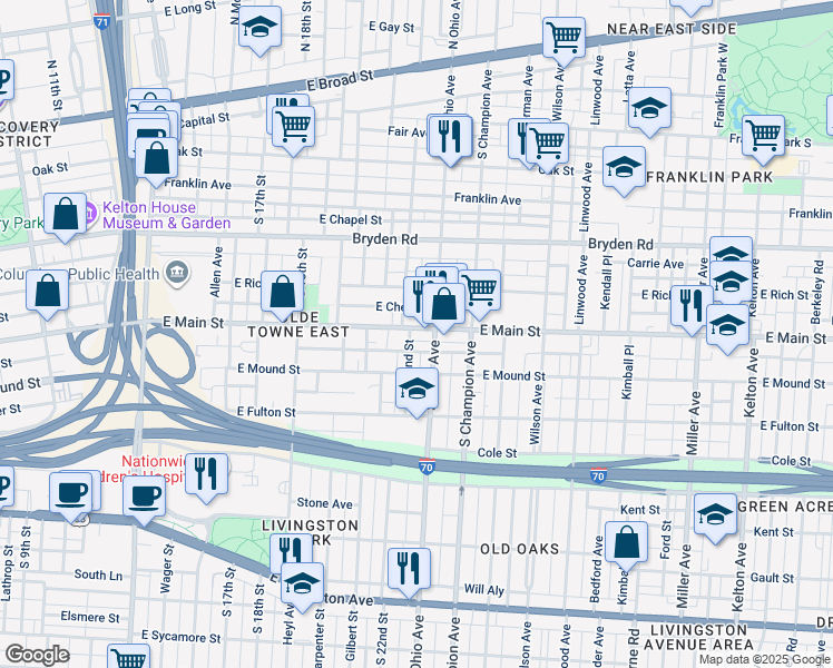map of restaurants, bars, coffee shops, grocery stores, and more near 1039 East Main Street in Columbus