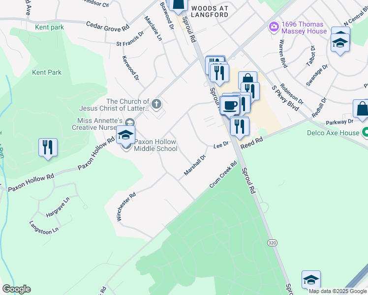 map of restaurants, bars, coffee shops, grocery stores, and more near 1007 Richmond Road in Broomall