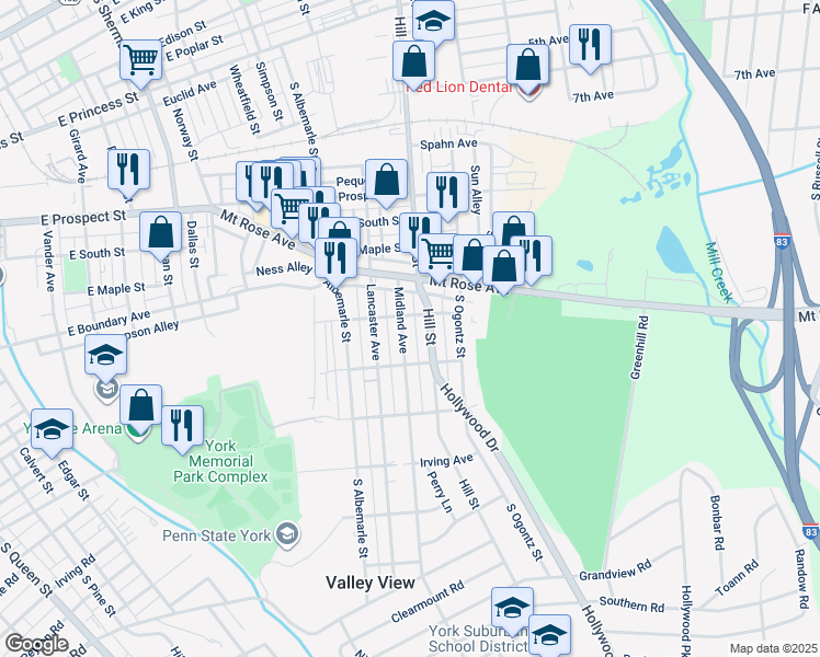 map of restaurants, bars, coffee shops, grocery stores, and more near 807 Midland Avenue in York