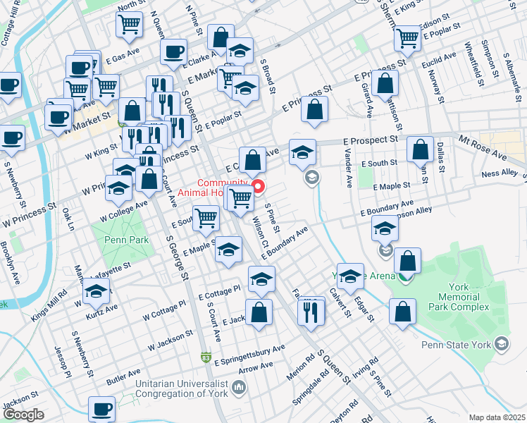 map of restaurants, bars, coffee shops, grocery stores, and more near 254 Harding Court in York