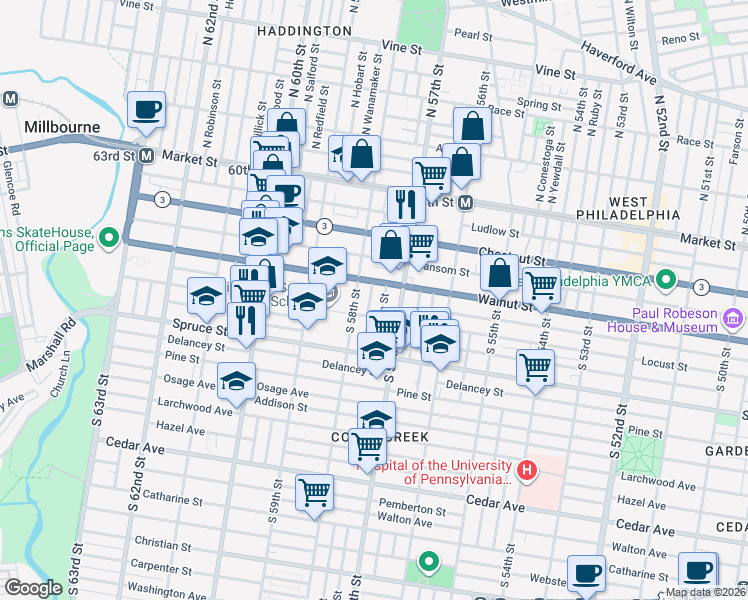 map of restaurants, bars, coffee shops, grocery stores, and more near 247 South Cecil Street in Philadelphia