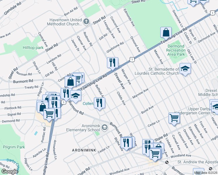 map of restaurants, bars, coffee shops, grocery stores, and more near 1122 Wilde Avenue in Drexel Hill