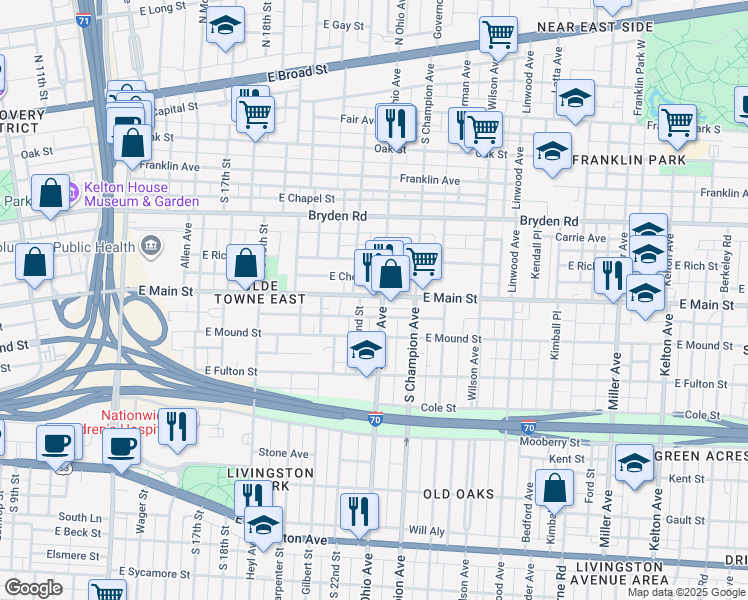 map of restaurants, bars, coffee shops, grocery stores, and more near 1049 East Main Street in Columbus