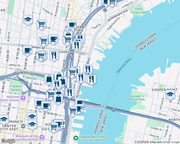 map of restaurants, bars, coffee shops, grocery stores, and more near 401 N Delaware Ave in Philadelphia