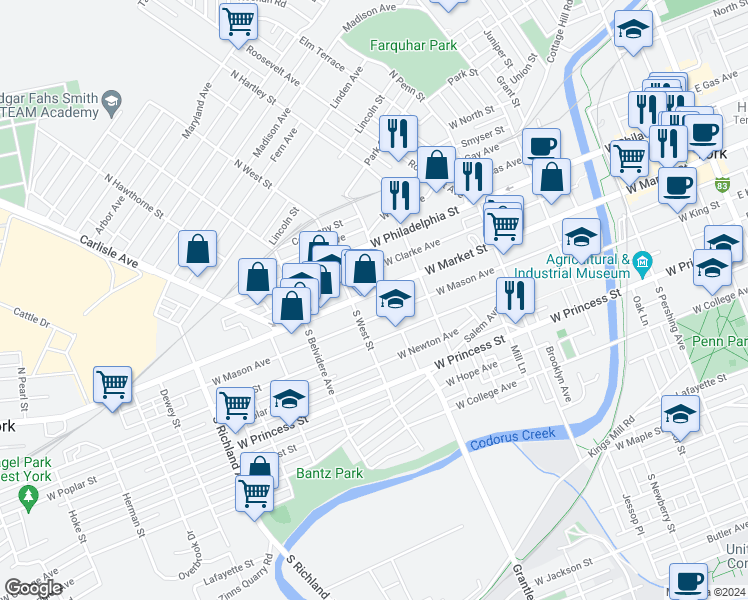 map of restaurants, bars, coffee shops, grocery stores, and more near 574 West Market Street in York