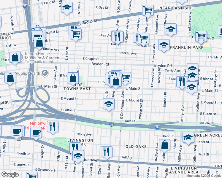 map of restaurants, bars, coffee shops, grocery stores, and more near 1049 East Main Street in Columbus