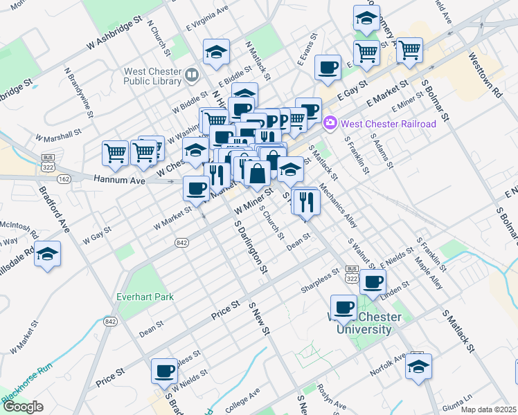 map of restaurants, bars, coffee shops, grocery stores, and more near 106 South Church Street in West Chester