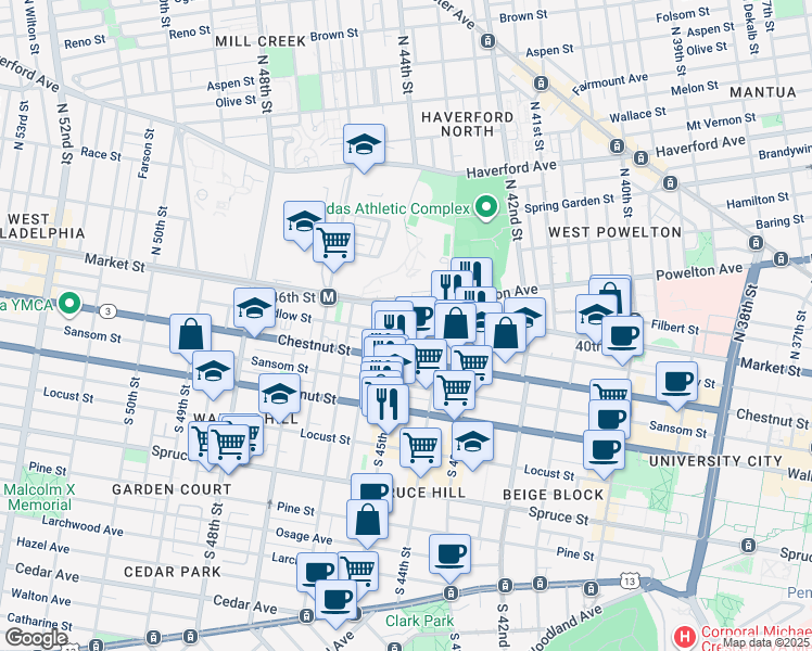 map of restaurants, bars, coffee shops, grocery stores, and more near 4501 Chestnut Street in Philadelphia