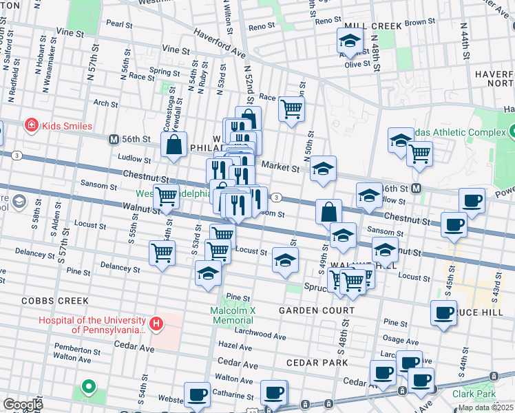 map of restaurants, bars, coffee shops, grocery stores, and more near 5115 Sansom Street in Philadelphia