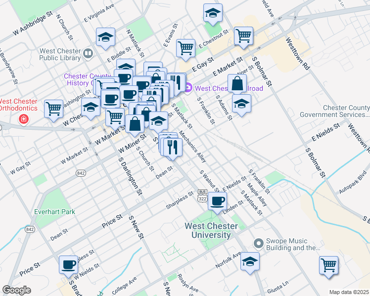 map of restaurants, bars, coffee shops, grocery stores, and more near 305 South Walnut Street in West Chester