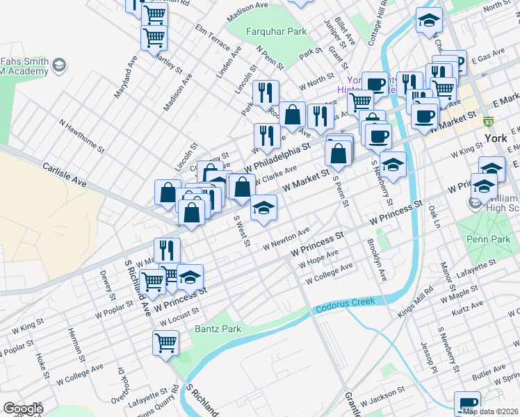 map of restaurants, bars, coffee shops, grocery stores, and more near 541 West Market Street in York
