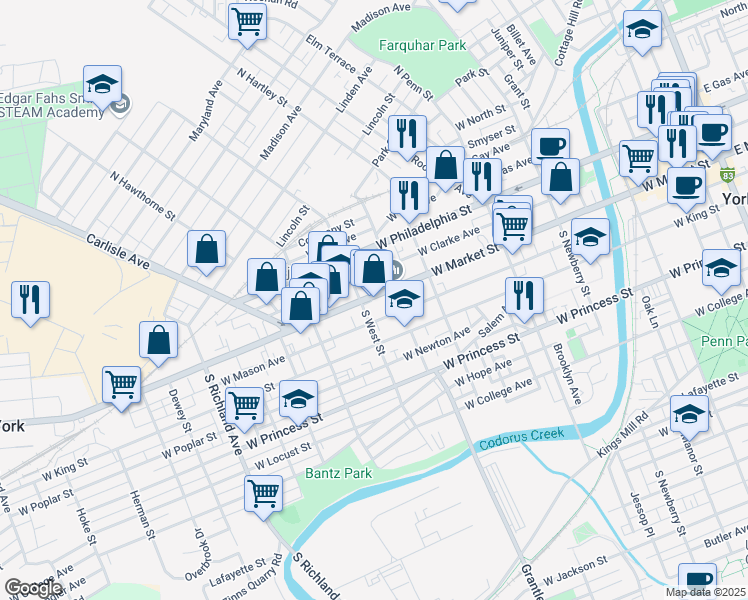 map of restaurants, bars, coffee shops, grocery stores, and more near 586 West Market Street in York