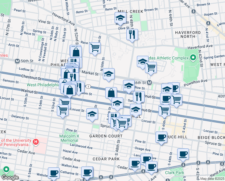 map of restaurants, bars, coffee shops, grocery stores, and more near 4901 Chestnut Street in Philadelphia