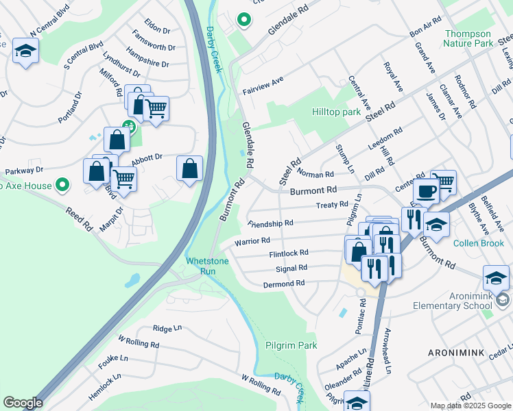 map of restaurants, bars, coffee shops, grocery stores, and more near 225 Treaty Road in Delaware County