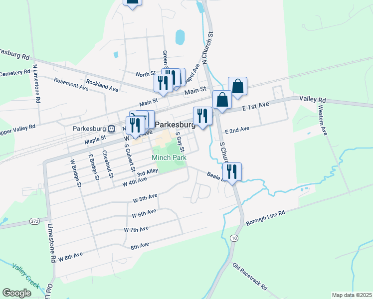 map of restaurants, bars, coffee shops, grocery stores, and more near 155 South Gay Street in Parkesburg
