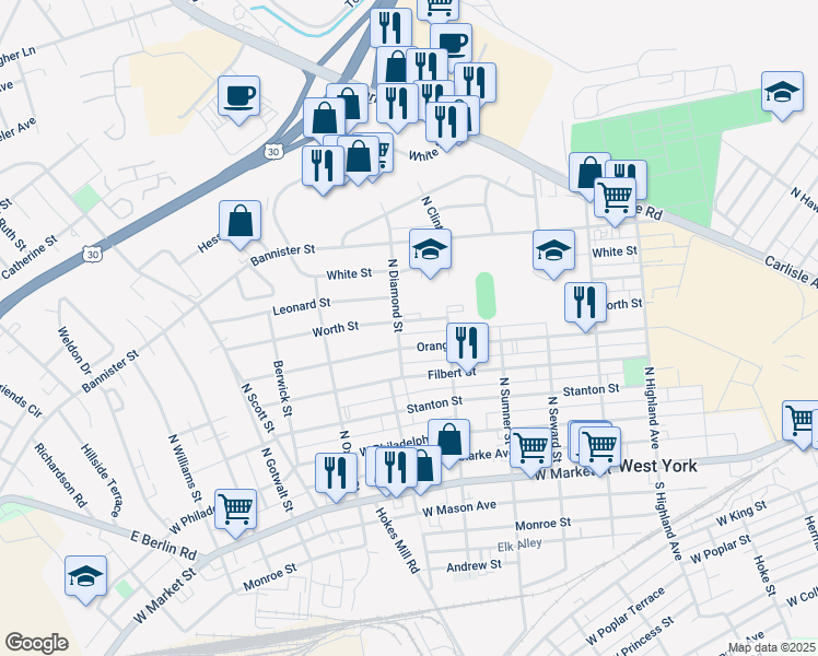 map of restaurants, bars, coffee shops, grocery stores, and more near 1860 Worth Street in York