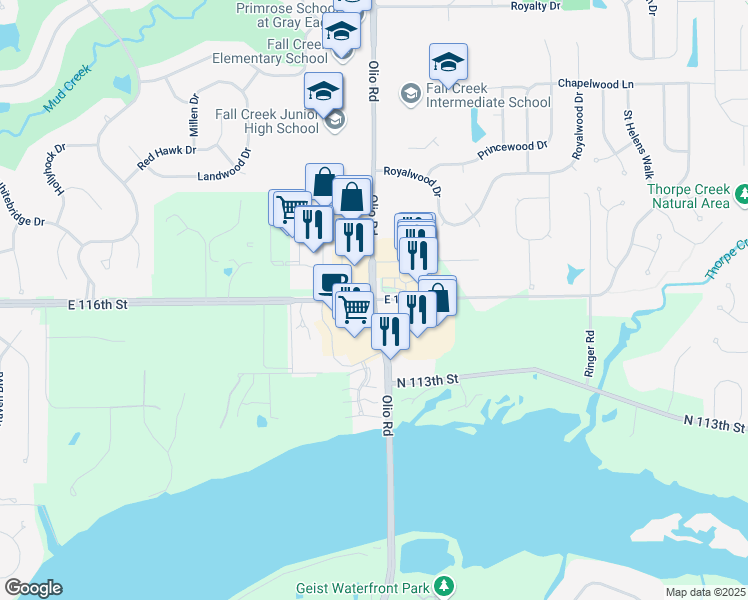 map of restaurants, bars, coffee shops, grocery stores, and more near E 116th St & Olio Rd in Fishers