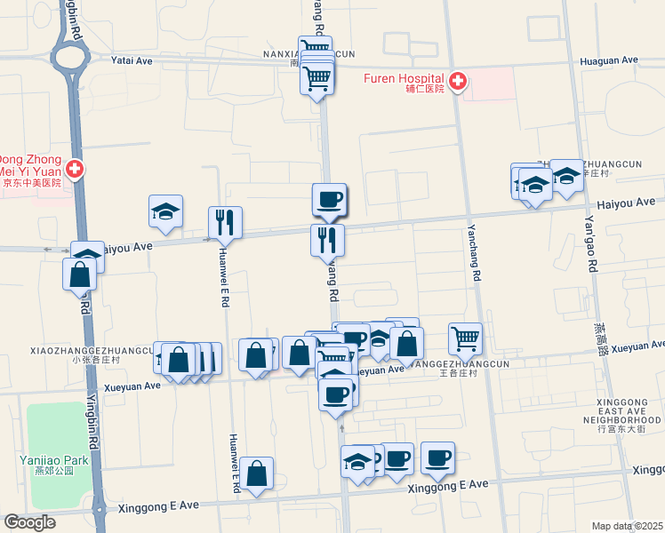 map of restaurants, bars, coffee shops, grocery stores, and more near Han Wang Lu in Lang Fang Shi