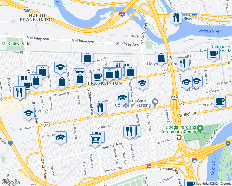 map of restaurants, bars, coffee shops, grocery stores, and more near 64 Avondale Avenue in Columbus