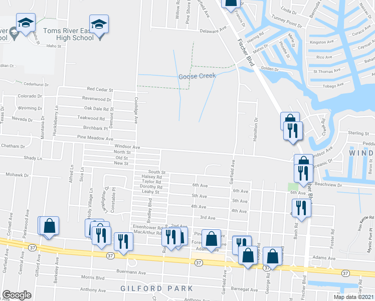 map of restaurants, bars, coffee shops, grocery stores, and more near 2200 Windsor Avenue in Toms River