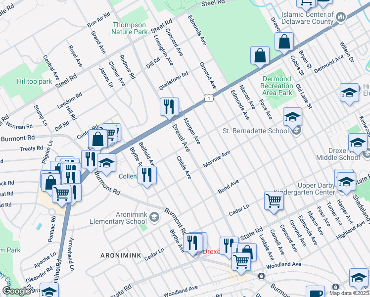 map of restaurants, bars, coffee shops, grocery stores, and more near 1212 Drexel Avenue in Drexel Hill