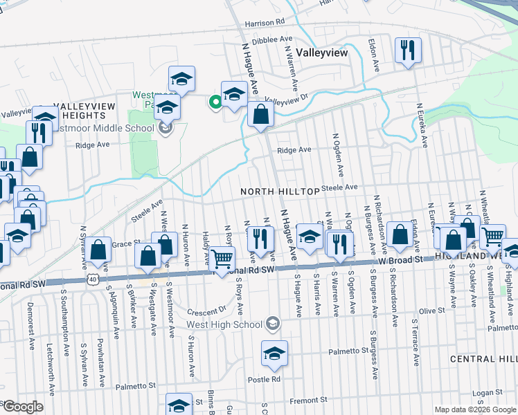 map of restaurants, bars, coffee shops, grocery stores, and more near 141 North Powell Avenue in Columbus