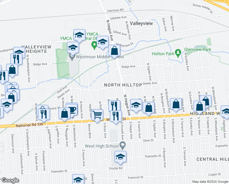 map of restaurants, bars, coffee shops, grocery stores, and more near 139 North Powell Avenue in Columbus