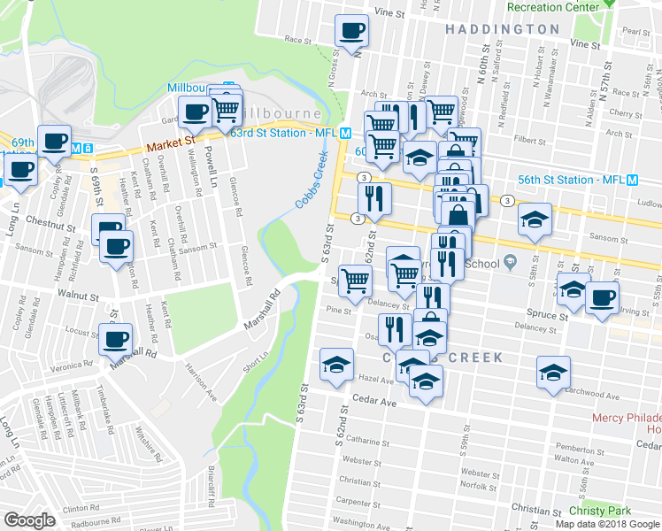map of restaurants, bars, coffee shops, grocery stores, and more near 273 South 63rd Street in Philadelphia