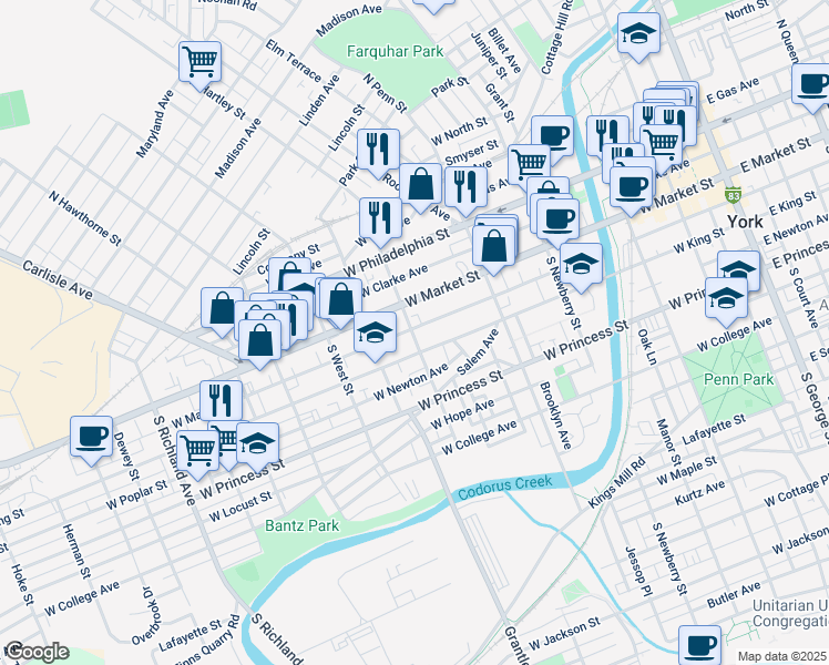 map of restaurants, bars, coffee shops, grocery stores, and more near 33 South Hartley Street in York