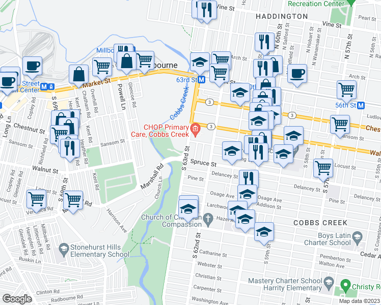 map of restaurants, bars, coffee shops, grocery stores, and more near 273 South 63rd Street in Philadelphia