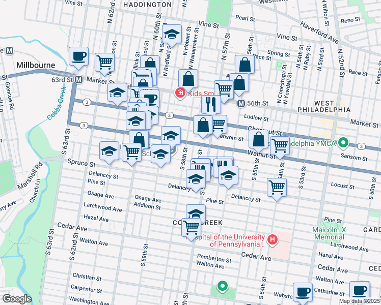 map of restaurants, bars, coffee shops, grocery stores, and more near 220 South Cecil Street in Philadelphia
