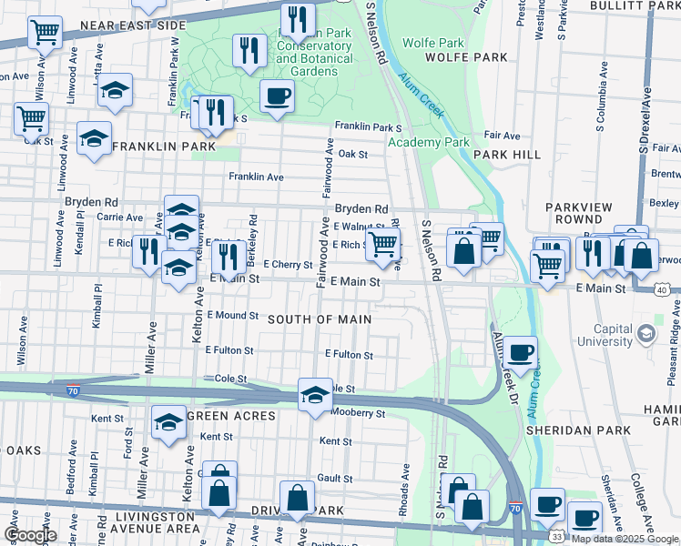 map of restaurants, bars, coffee shops, grocery stores, and more near 1774 East Main Street in Columbus