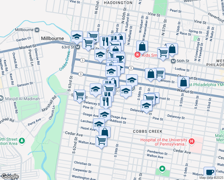 map of restaurants, bars, coffee shops, grocery stores, and more near Locust St & S 60th St in Philadelphia