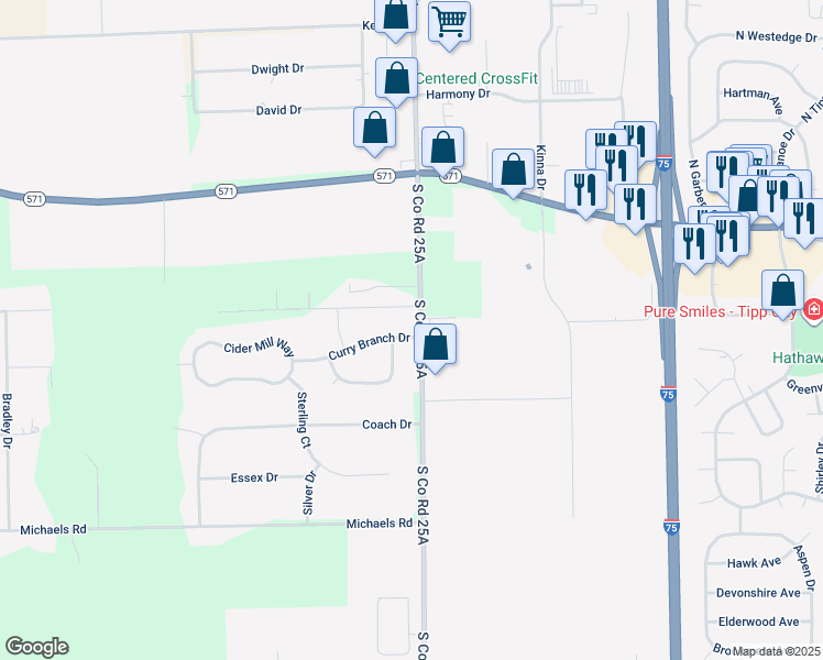 map of restaurants, bars, coffee shops, grocery stores, and more near 1629 Curry Branch Drive in Tipp City
