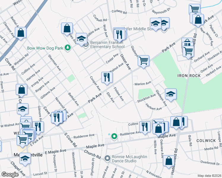 map of restaurants, bars, coffee shops, grocery stores, and more near 7427 Park Avenue in Pennsauken Township