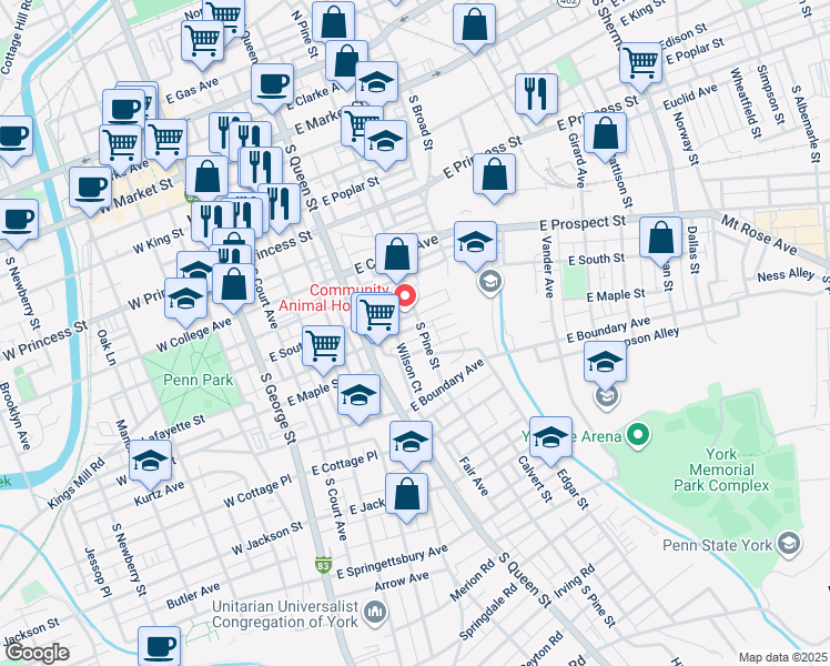 map of restaurants, bars, coffee shops, grocery stores, and more near 254 Harding Court in York