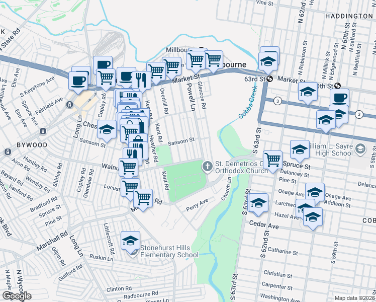 map of restaurants, bars, coffee shops, grocery stores, and more near 167 Marlborough Road in Delaware County