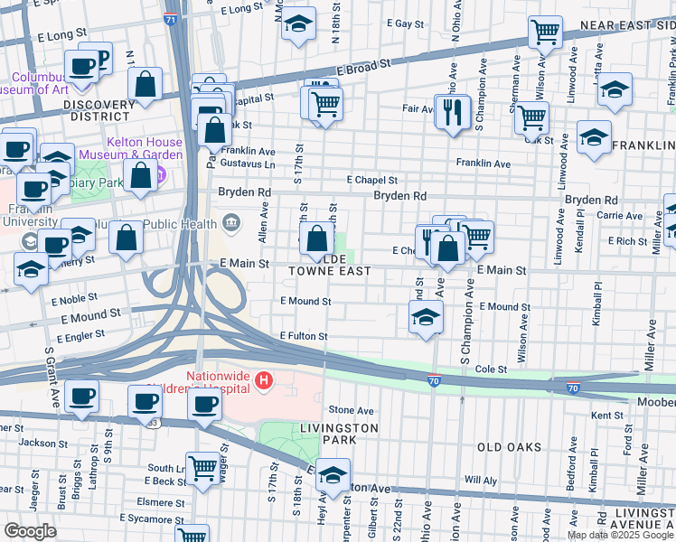map of restaurants, bars, coffee shops, grocery stores, and more near in Columbus