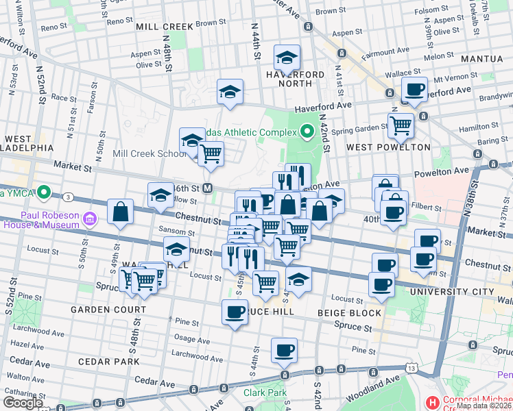 map of restaurants, bars, coffee shops, grocery stores, and more near 2 South 45th Street in Philadelphia