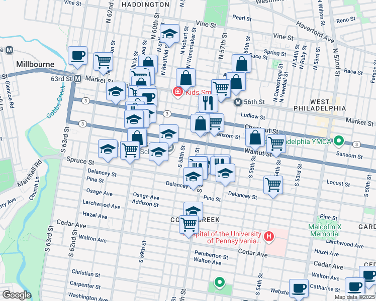 map of restaurants, bars, coffee shops, grocery stores, and more near 220 South Cecil Street in Philadelphia