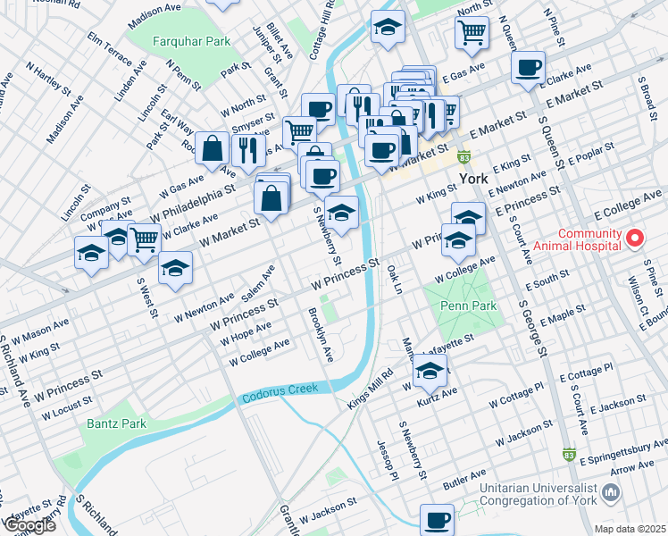 map of restaurants, bars, coffee shops, grocery stores, and more near 144 South Newberry Street in York