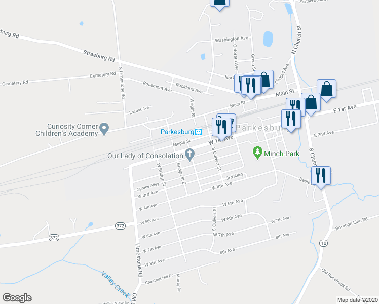 map of restaurants, bars, coffee shops, grocery stores, and more near 600 West 1st Avenue in Parkesburg