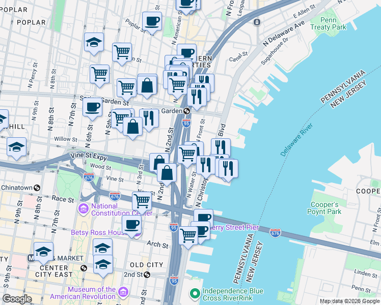 map of restaurants, bars, coffee shops, grocery stores, and more near 608 North Front Street in Philadelphia