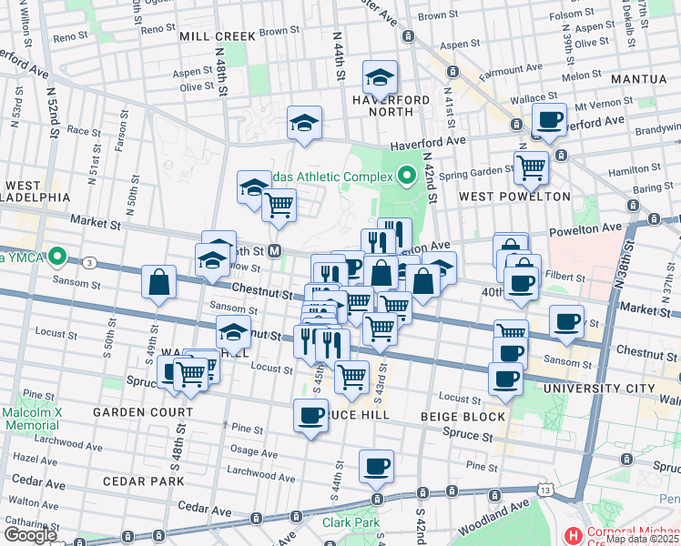 map of restaurants, bars, coffee shops, grocery stores, and more near 2 South 45th Street in Philadelphia