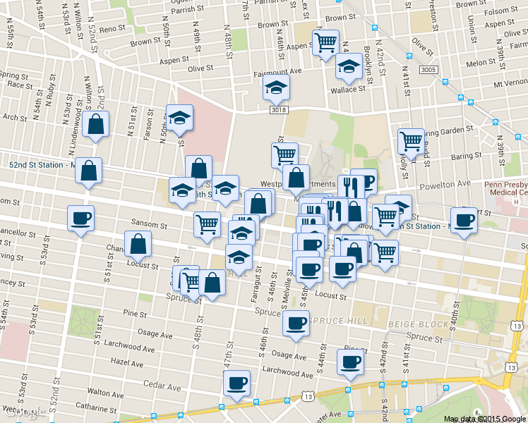 map of restaurants, bars, coffee shops, grocery stores, and more near in Philadelphia