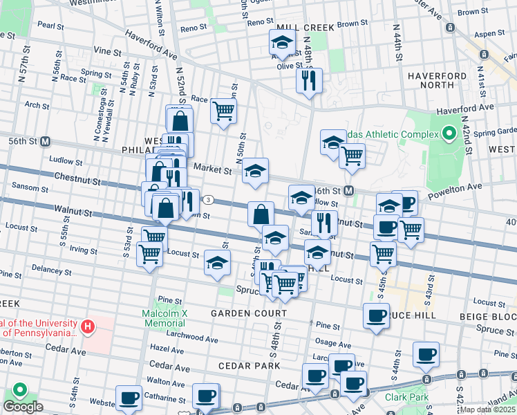 map of restaurants, bars, coffee shops, grocery stores, and more near 4899 Ludlow Street in Philadelphia