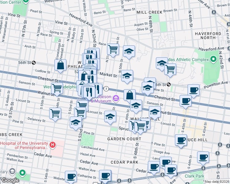 map of restaurants, bars, coffee shops, grocery stores, and more near 5028 Ludlow Street in Philadelphia