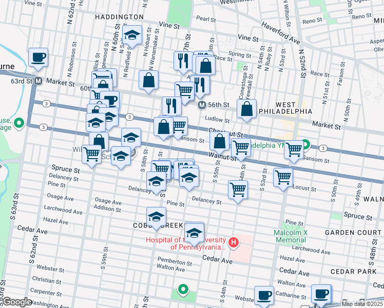 map of restaurants, bars, coffee shops, grocery stores, and more near 5620 Sansom Street in Philadelphia